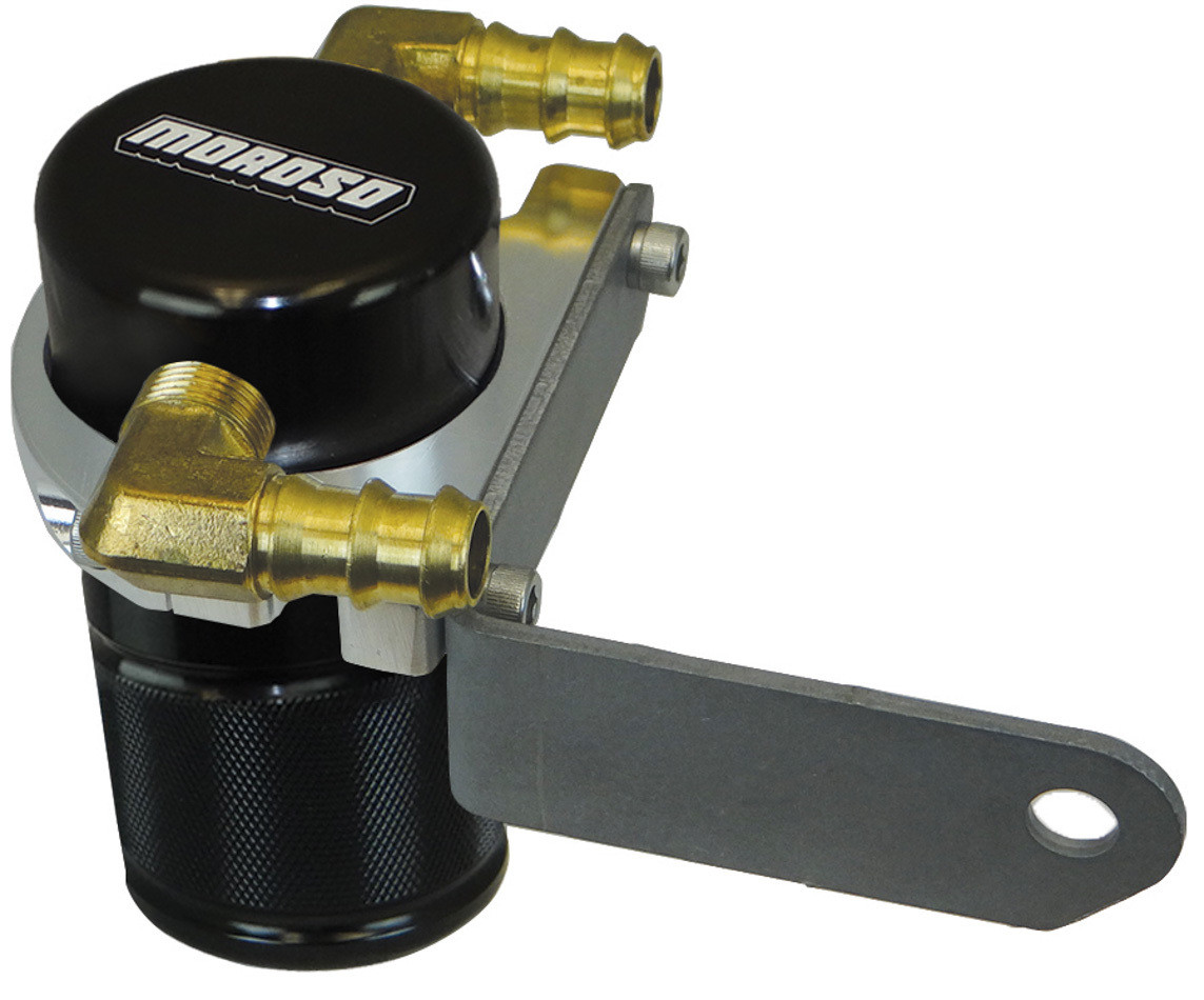 Moroso Dodge Challenger 5.7/6.4L (w/Shaker Hood) Air/Oil Separator Catch Can - Billet Alum - Black - 85697