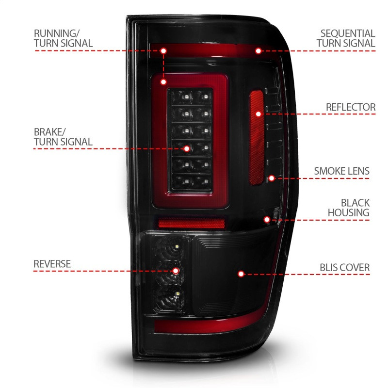 ANZO 19-22 Ford Ranger Full LED Taillights w/ Lightbar Sequential Signal Black Housing/Smoke Lens - 311447 Photo - Unmounted