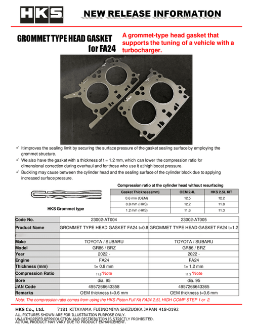 HKS Subaru FA24 1.2mm Thickness 11.3 CR Grommet Type Head Gasket - 23002-AT005 Photo - Close Up