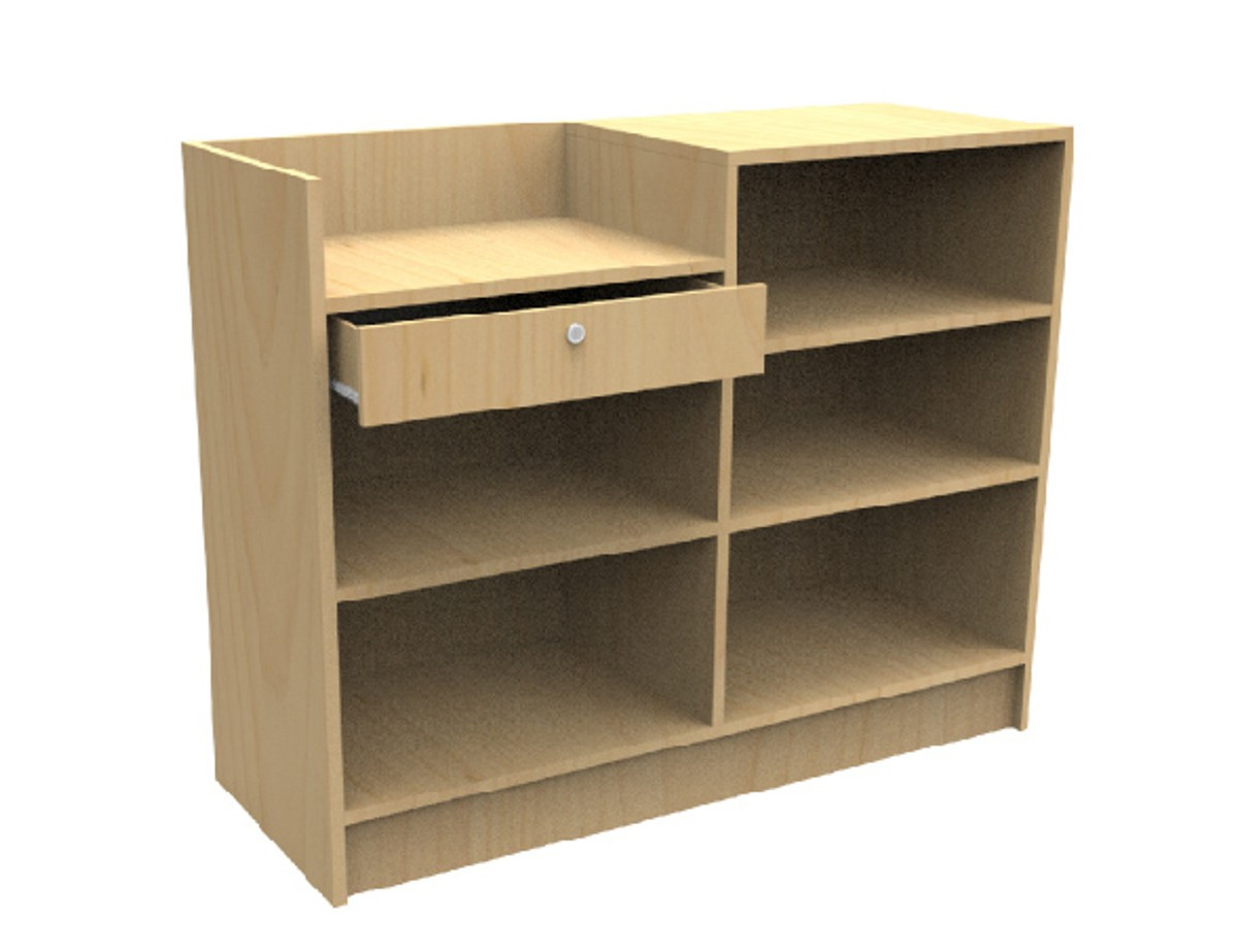 Wood Lozier L-Shaped Checkout Counter With 15 Shelves 8FT X 4FT