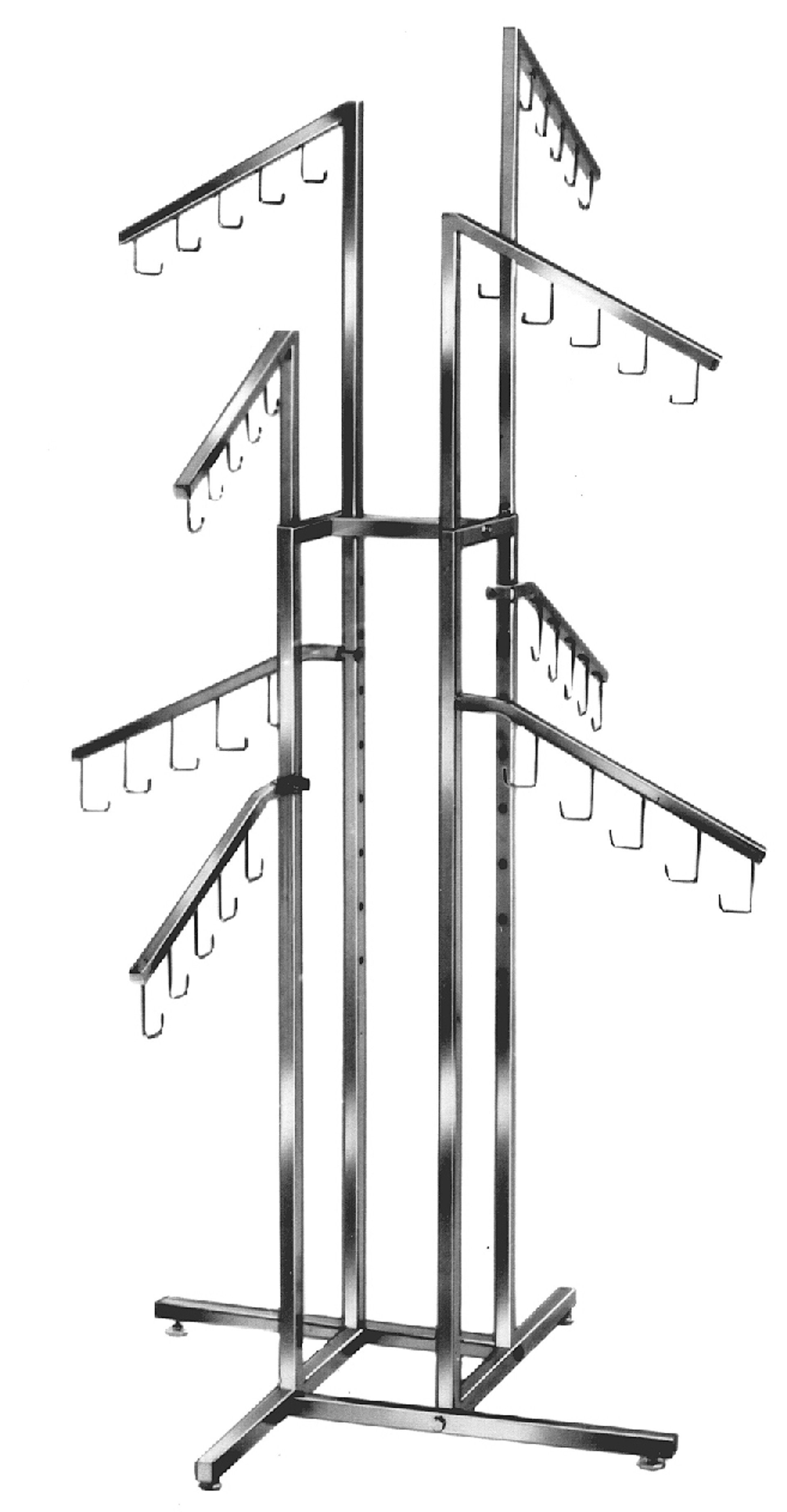4 Way Retail Clothing Rack With (4) 18" Waterfall Display Arms CHROME