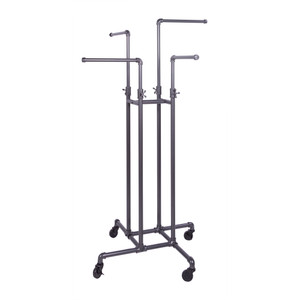 4 Way Rolling Pipeline Clothing Rack with Adjustable Height Arms | GREY 4 Way Rolling Pipeline Clothing Rack with Adjustable Height Arms | GREY