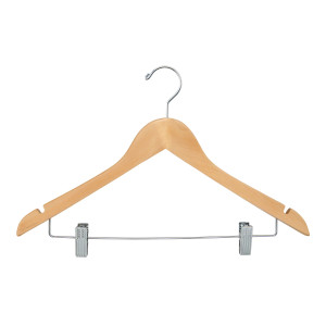 17" Wooden Flat Suit Hanger With Bar & Clips | Natural