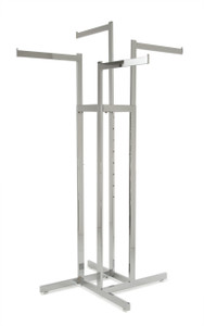 Chrome 4 Way Clothing Rack with 4 16" long Straight Display Arms Chrome 4 Way Clothing Rack with 4 16" long Straight Display Arms