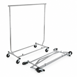 Chrome single rail rolling clothing rack folded flat with its frame and four casters visible.