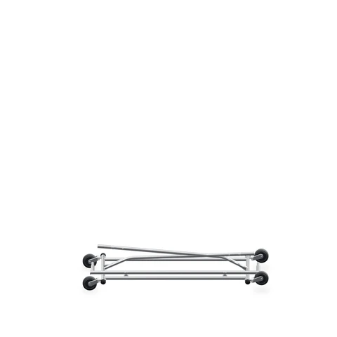 Chrome single-rail folding clothes rack with adjustable height, an extendable hangrail and four rolling casters; folds flat for storage or transport.