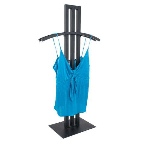 36-inch high single garment display with triple upright design and matte black steel frame for retail merchandising