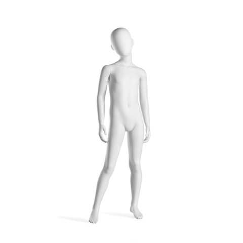 8-year-old unisex City Kid mannequin, 51 inches tall, with realistic features and matte white fiberglass finish