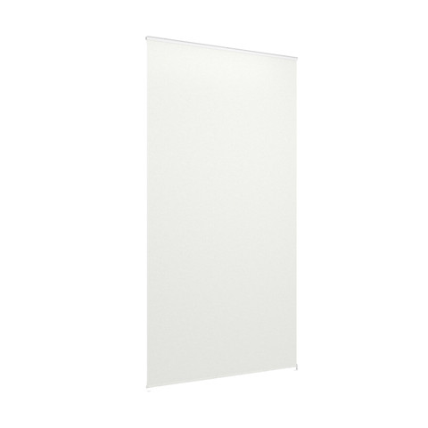 White vinyl banner screen divides retail space between double-sided merchandiser slots, enabling custom branding displays
