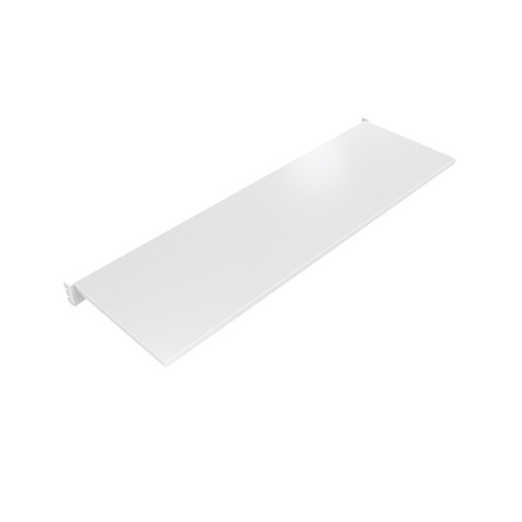 White metal display shelf with integrated brackets spans 45.75 inches wide, designed for folded garment presentation in retail spaces