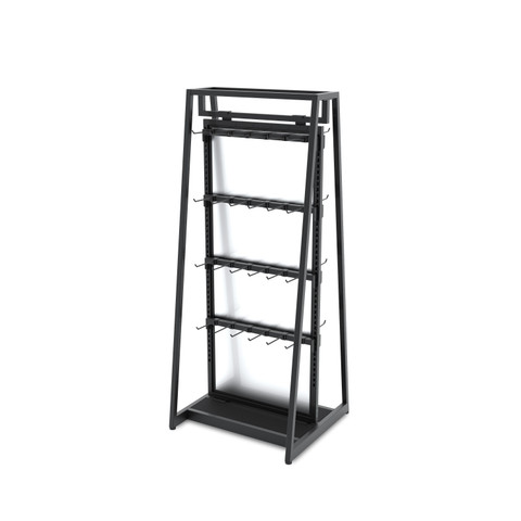 Dual-sided 24-inch merchandiser display featuring black hooks and customizable slots with wood accents for versatile retail presentation