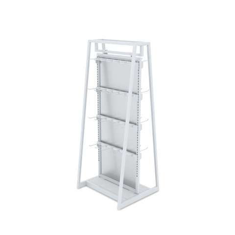 Dual-sided 24-inch merchandiser display with 50 white hooks for hanging retail cards and accessories on adjustable panels