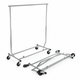 Chrome single rail rolling clothing rack folded flat with its frame and four casters visible.