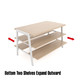 White metal frame display table with three oak melamine tiers, adjustable width and built-in leveling feet