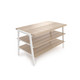 White metal frame 3-tier display table featuring oak melamine shelves and adjustable leveling feet for retail merchandising