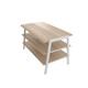 Modern 3-tier display table with oak shelves and sleek white frame, featuring expandable tiers and stabilizing levelers