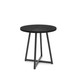 Black metal round display table with woodgrain surface, 23-inch diameter, features adjustable feet and nests with Aspect collection