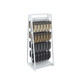 Double-sided 24-inch merchandiser display in white with 50 adjustable hooks for hanging retail cards and accessories
