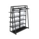 48-inch merchandising display featuring adjustable shelves and hanging bars on both sides, separated by frosted panel for retail flexibility