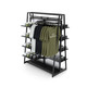 Black 48-inch retail display unit with dual-sided shelving, central garment bar and translucent divider panel for versatile merchandising