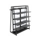 Black 48-inch merchandiser display unit with adjustable shelves and dual hanging bars, separated by frosted divider panel for retail spaces