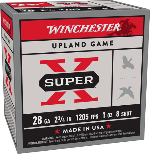 Winchester Ammunition Super-X 28 Gauge Shotshells, 1 oz #8 Lead Shot, 2.75" Shell Length, 1205 FPS - 25 Count Box