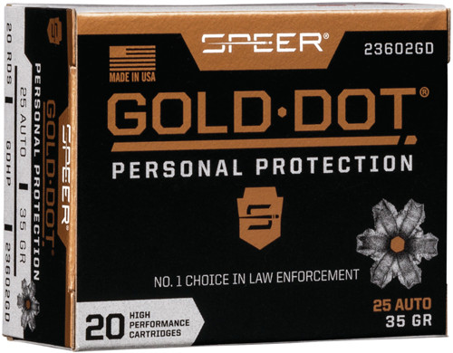 Speer Gold Dot 25 ACP 35-Grain Jacketed Hollow Point Ammunition, Part Number 23602GD
