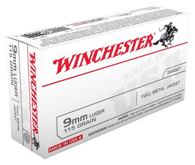 Winchester Ammunition USA 9mm Luger 115 Grain FMJ-RN Full Metal Jacketed Ammo - Reloadable, 50 Rounds