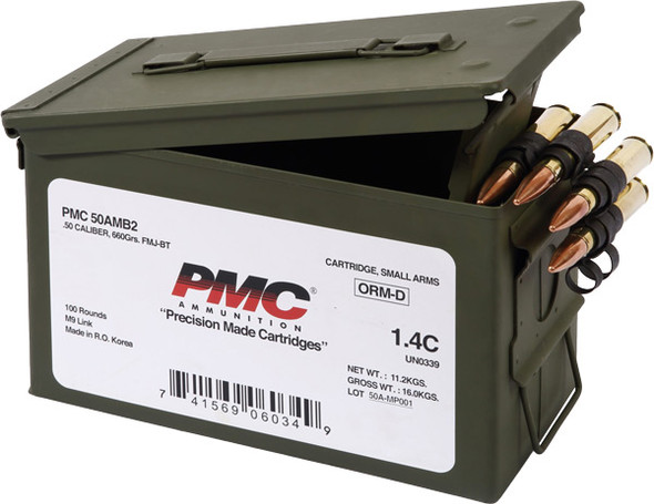 PMC 50 BMG Ammo Can with 100 Rounds Linked in M2A1 Metal Box