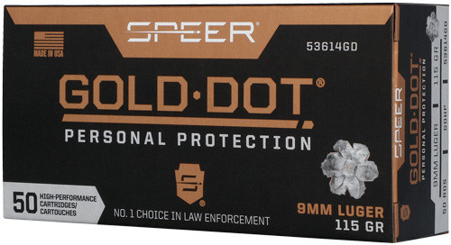 Speer Gold Dot 9mm Luger 115 Grain Jacketed Hollow Point Ammunition - 50 Rounds per Box