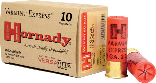 Hornady 12 Gauge 2-3/4 inch #4 Buckshot Varmint Express shell, 10 rounds per box
