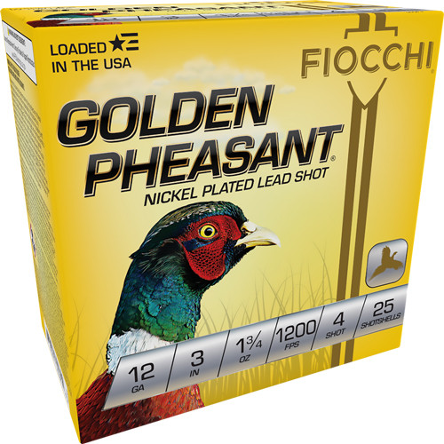 Fiocchi Golden Pheasant 12 Gauge Shotshells - Nickel Plated, #4 Shot, 1-3/4 oz, 1200 FPS