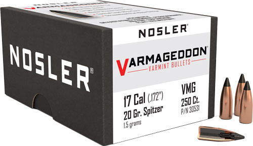 Nosler Bullets Varmageddon Varmint Bullet .17 Caliber .172 Diameter, 20 Grain, Flat Base, Tipped Spitzer
