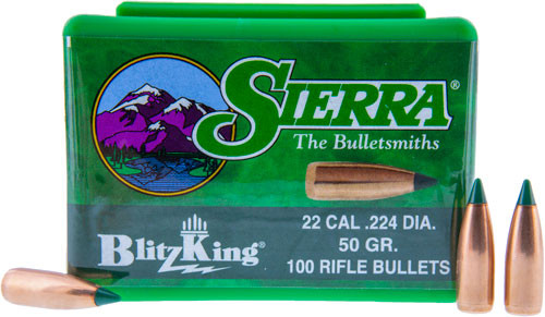 Sierra Bullets .22 Caliber .224 50 Grain BlitzKing Polymer Tip Boat Tail – High Velocity Ammunition, 100 Rounds per Box