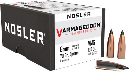 Nosler Bullets 6mm .243 Varmageddon Varmint Bullet, 70 Grain, Flat Base, Tipped, Box of 100