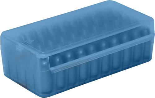 MTM Ammo Box 9mm Luger / .380 ACP with Side Slide Operation, 50-Round Capacity, Clear Blue Plastic