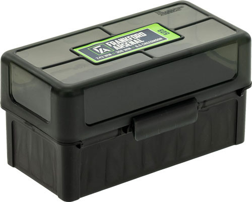 Frankford Arsenal Ammo Box 243 – 50 Round Capacity, Hinge Top Rifle Storage in Black/Smoke Plastic