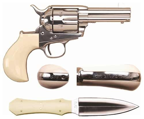 Cimarron Doc Holliday Combo .45 Long Colt Nickel Pistol with Bone Ivory Grip and Dagger Set