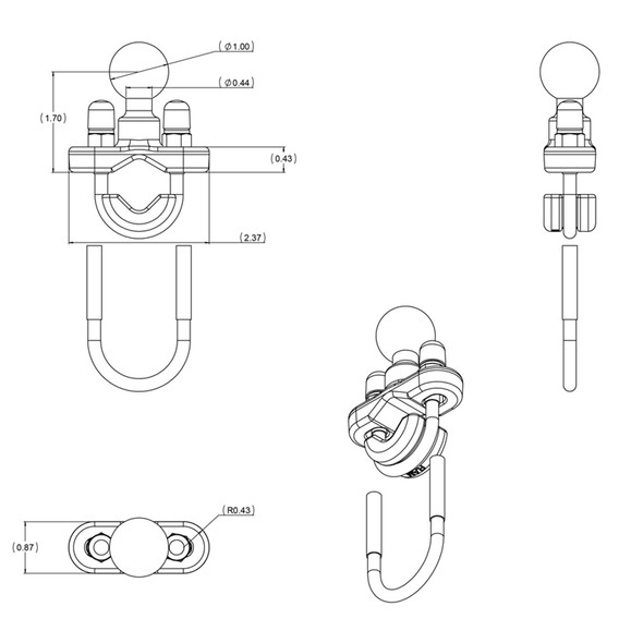 RAM Mounting Systems RAM-B-231U Rail Base with Stainless Steel U-Bolt and 1-Inch Rubber Ball