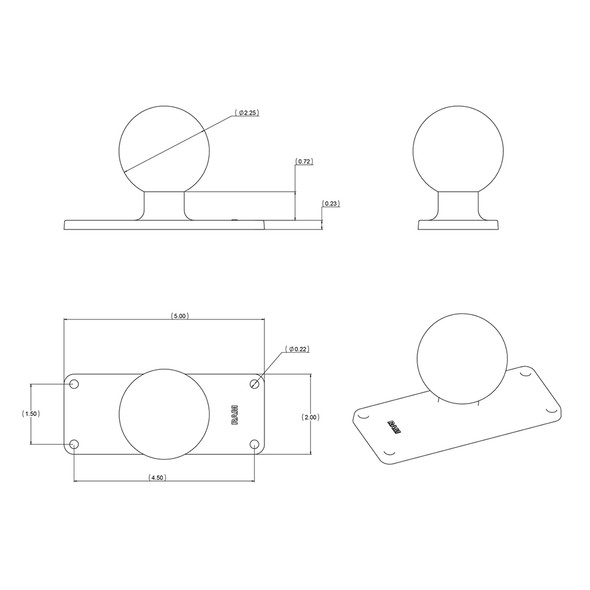 RAM Mounting Systems 2 x 5 Inch Rectangular Base with 1.5 Inch Ball, Model RAM-202U-25