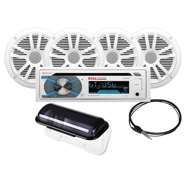 Boss Audio MCK508WB.64S Marine Stereo & 2 Pairs of 6.5 Inch Weatherproof Speakers Kit - White