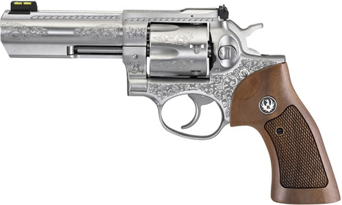 Ruger GP100 Deluxe 4-Inch Engraved Revolver in 357 Magnum with Fiber Optic Sights and Wooden Grips