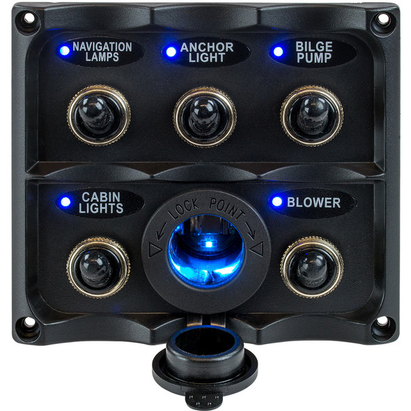 Sea-Dog Water Resistant Toggle Switch Panel with LED Power Socket - 5 Toggle