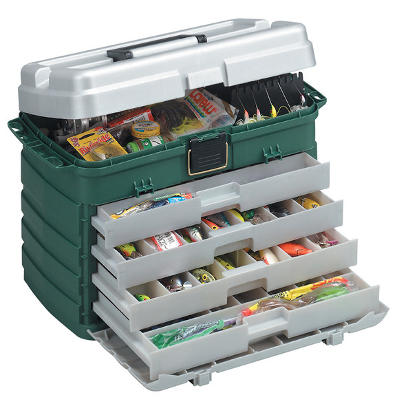 Plano 4-Drawer Tackle Box - Green Metallic and Silver with Removable Bait Racks