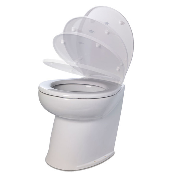 Jabsco Deluxe Flush 17-Inch Angled Back 24V Raw Water Electric Marine Toilet with Remote Rinse Pump and Soft Close Lid