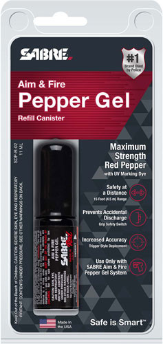 Sabre Aim & Fire Pepper Gel with Gun - Easy to Replace Pepper Gel, Red Pepper Formula
