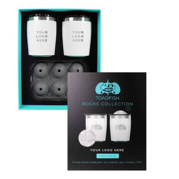Toadfish Custom Engraved 10oz White Rocks Tumblers with Ice Ball Tray – Set of 2