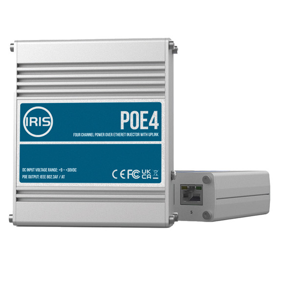 Iris Innovations POE4V2 Four Channel Power over Ethernet Switch with 48VDC Output and Wide Input Range