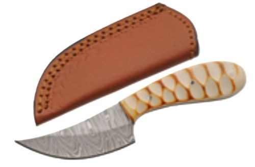 SZCO Rite Edge Damascus Blade 2.75-Inch Grooved Knife with Bone Handle and Leather Sheath