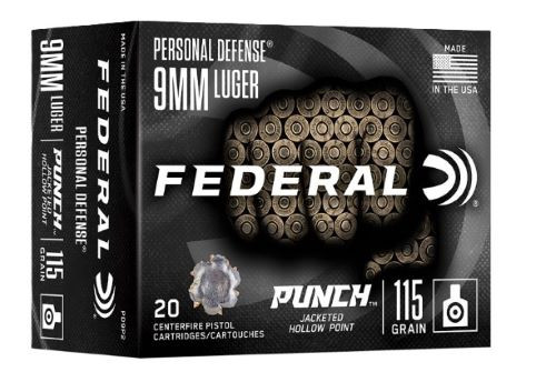 Federal Punch 9mm Luger 115-Grain Jacketed Hollow Point Ammunition, Nickel-Plated Brass Case, Reloadable, 20 Rounds per Box
